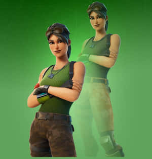 兩位Fortnite女性角色穿著綠色戰術裝備，交叉雙臂。 — Galaxy Z Flip7 FE 壁紙