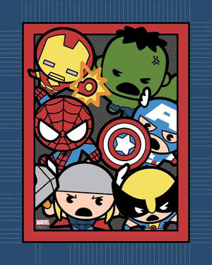 Chibi Marvel 超級英雄在藍色條紋背景上的紅色框架內。 — 漫威超級英雄 壁紙