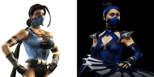 兩位動漫風格的女戰士，身穿藍色忍者服，戴著面具和武器。 — 真人快打11 壁紙