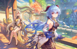 兩位長髮動漫女孩坐在池塘附近的木甲板上，秋葉飄落。 — Steam Deck 壁紙