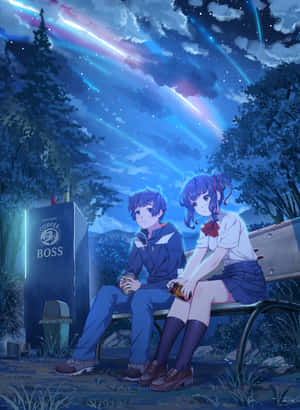 兩個動漫角色坐在長椅上，頭上是繁星點點的夜空，帶有宇宙光帶。 — Dva GIF 壁紙