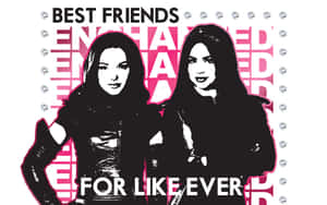 兩位身穿皮褸的女性，帶有「best friends for like ever」文字和粉紅色閃粉背景。 — 迪士尼角色 壁紙