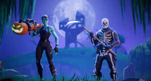 滿月下詭異沼澤中的兩個 Fortnite 萬聖節角色。 — 要塞英雄 大逃殺 壁紙