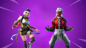 兩個 Fortnite 遊戲角色在發光的紫色背景前擺出動態姿勢。 — Fortnite 造型 壁紙