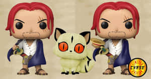 兩個手持劍的 Funko Pop 海盜公仔，兩側有一隻橙色眼睛的奶油色貓咪。 — 鬼滅之刃 禰豆子 壁紙