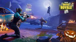 Fortnite玩家在萬聖節夜晚場景中戰鬥，有南瓜和汽車。 — Fortnite 造型 壁紙