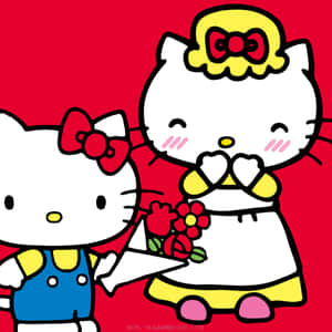 兩個Hello Kitty角色，一個手持玫瑰，另一個身穿連衣裙，兩者在紅色背景前微笑。 — 白色美學gif 壁紙