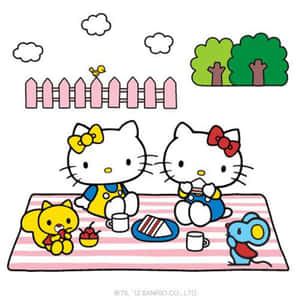 Hello Kitty和朋友們在條紋毯子上享用蛋糕和櫻桃的野餐。 — 美學白色動態圖 壁紙