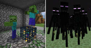 來自Minecraft的喪屍和終界使者，以方塊像素藝術風格呈現。 — 最佳 Minecraft 壁紙
