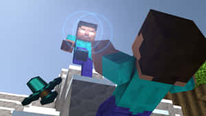 兩個像素風格的Minecraft角色，其中一個手持帶有發光光環的劍。 — 怪獸動圖 壁紙