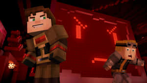 兩個Minecraft角色喺一個紅色方塊地牢入面，有發光嘅光。 — 我的世界 壁紙