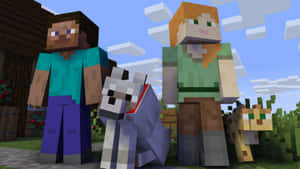 Minecraft玩家同狗仔喺陽光普照嘅日子企喺木屋外面。
