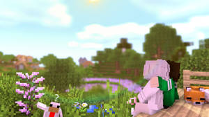 兩個Minecraft角色喺一個有狐狸同紫色花嘅草地上嘅長凳上擁抱。 — 情侶 GIF 壁紙