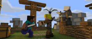 兩個Minecraft玩家在方塊村莊中用劍戰鬥。 — 3440x1440 壁紙