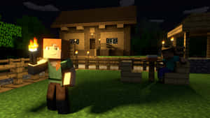 兩個Minecraft玩家在夜晚的木屋外手持火炬。 — 我的世界 壁紙