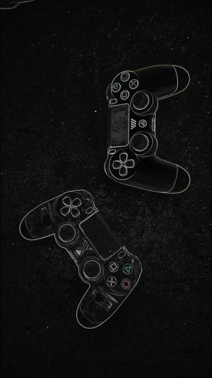 兩個遊戲控制器在深色紋理背景上以白色輪廓勾勒。 — PlayStation GIF 壁紙