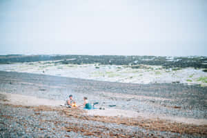 兩個人坐在黃昏的卵石海灘上，照料著一個小篝火。 — 海灘日落 壁紙