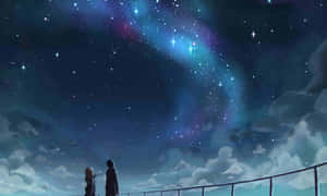 兩個人從欄杆欣賞一個色彩繽紛嘅星空夜空，有星雲。 — 月色夜空 壁紙