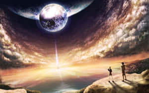兩名探險家在懸崖上觀看一顆發光的行星在日落時分從海面升起。 — 漫畫分鏡gif 壁紙