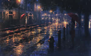 兩個撐著紅色雨傘的人在夜晚的雨城中行走，路燈閃爍。 — 雨天 壁紙