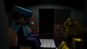 兩個Minecraft角色坐在一個牆上有紅色按鈕的黑暗房間裡。