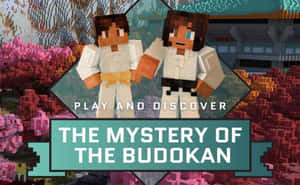 兩個Minecraft角色在色彩繽紛的像素世界中，背景有一座寺廟。