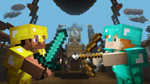 兩個穿著盔甲的Minecraft玩家在一個方塊幻想小鎮中揮舞劍和弓。