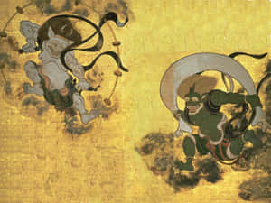兩個神話中的日本鬼怪在金色插圖場景中戰鬥。 — 武士Champloo 壁紙