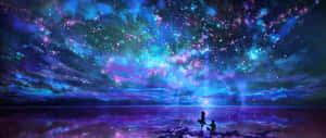 兩個人在色彩繽紛的星空下坐在岸邊。 — 夜空 壁紙