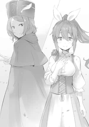 兩個動漫女孩，一個披斗篷戴帽，另一個有兔耳，都溫柔微笑。 — iPad Pro 11 壁紙