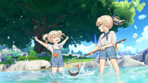 兩個動漫女孩喺淺水入面喺樹下面釣魚，有水花濺起。 — 原神 壁紙