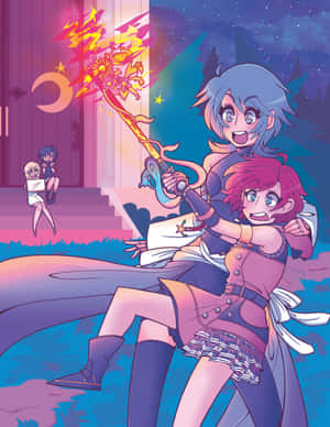 兩個動漫女孩在星空暮色天空下揮舞著發光的魔法杖。 — Galaxy Z Fold 8 壁紙