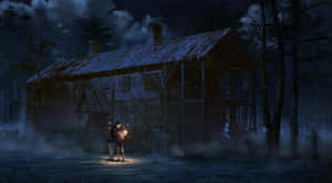 兩個女孩提著燈籠，夜晚站在積雪廢棄小屋前。 — 昏暗 壁紙