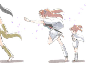 兩個動漫女孩擺出動作姿勢，紫色花瓣飄浮。 — 動漫惡魔 壁紙