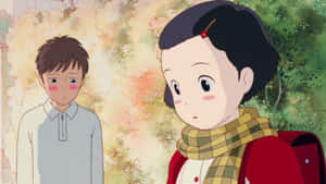 兩個動漫小孩站在一棵開花的樹下，臉頰泛紅。 — 東京喰種角色 壁紙
