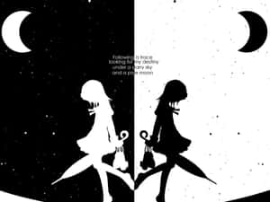 兩個動漫少女在星空下帶着新月向相反方向行走。 — 動漫打鬥 壁紙