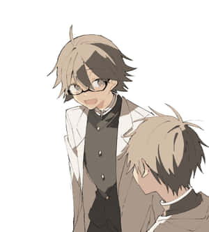 兩個戴眼鏡、頭髮凌亂的動漫男孩微笑，姿勢友善。 — Galaxy Z Flip 8 壁紙