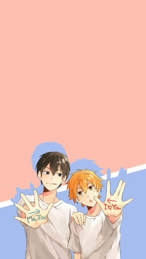 兩個動漫男孩在手掌上展示「I love you」和「Me too」。 — 排球少年 GIF 壁紙