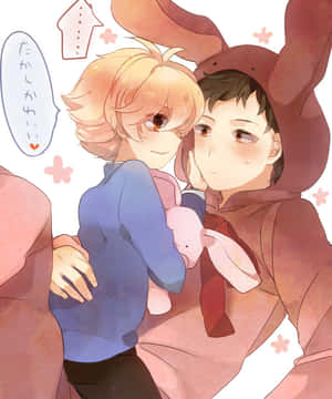兩個動漫男孩溫暖擁抱，其中一個穿著兔子連帽衫，周圍有粉紅色花朵。 — Apple Watch Ultra 壁紙
