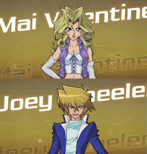 動漫角色Mai Valentine和Joey Wheeler，名字在金色背景上。 — 妮琪·米娜 壁紙