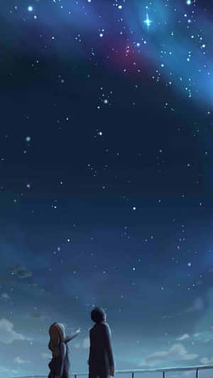 兩個動漫角色站在星空下指向星星。 — 可愛情侶 GIF 壁紙