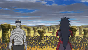兩個動漫戰士在多雲的天空下，在沙漠戰場上面對一支大軍。 — 忍者 壁紙