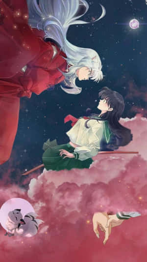 兩個動漫角色在閃爍月亮的星空下漂浮在粉紅雲朵上。 — 探險時光 壁紙