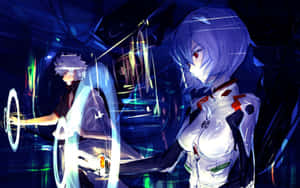 動漫角色在發光的未來駕駛艙中，帶有數位介面。 — 2880x1800 壁紙