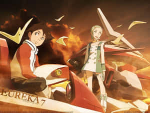 兩個動漫角色與機甲在火紅的天空中，有鳥兒飛翔。 — 日落 壁紙