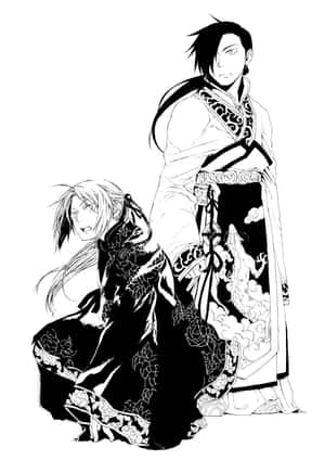 兩個動漫人物穿著精緻的傳統長袍，一個跪著，一個站著。 — 成振宇 壁紙