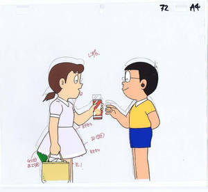 兩個動漫小孩穿著護士服，交換飲料，價格標籤清晰可見。 — 情侶 GIF 壁紙