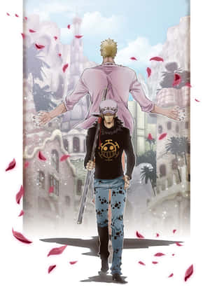兩個動漫角色在一個有紅色花瓣飄落和石建築的城市中。 — Dorohedoro 壁紙