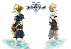 兩個Kingdom Hearts角色從背後站在水中 — 王國之心 壁紙