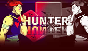 兩個動漫角色擺出戰鬥姿勢，面對面，身後有Hunter x Hunter標誌。 — Hisoka GIF 壁紙